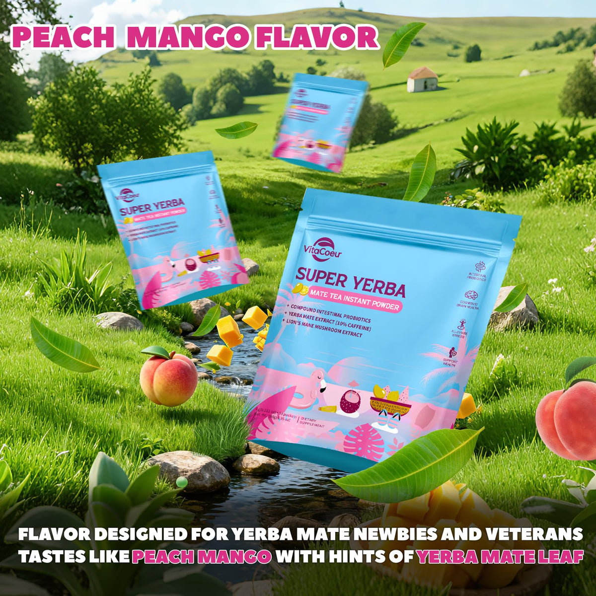 VitaCoeur energy-boost tea in peach-mango flavor for study or workouts.