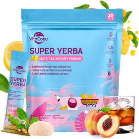 VitaCoeur Yerba Mate instant tea peach-mango pack ready to dissolve for a quick energy boost.