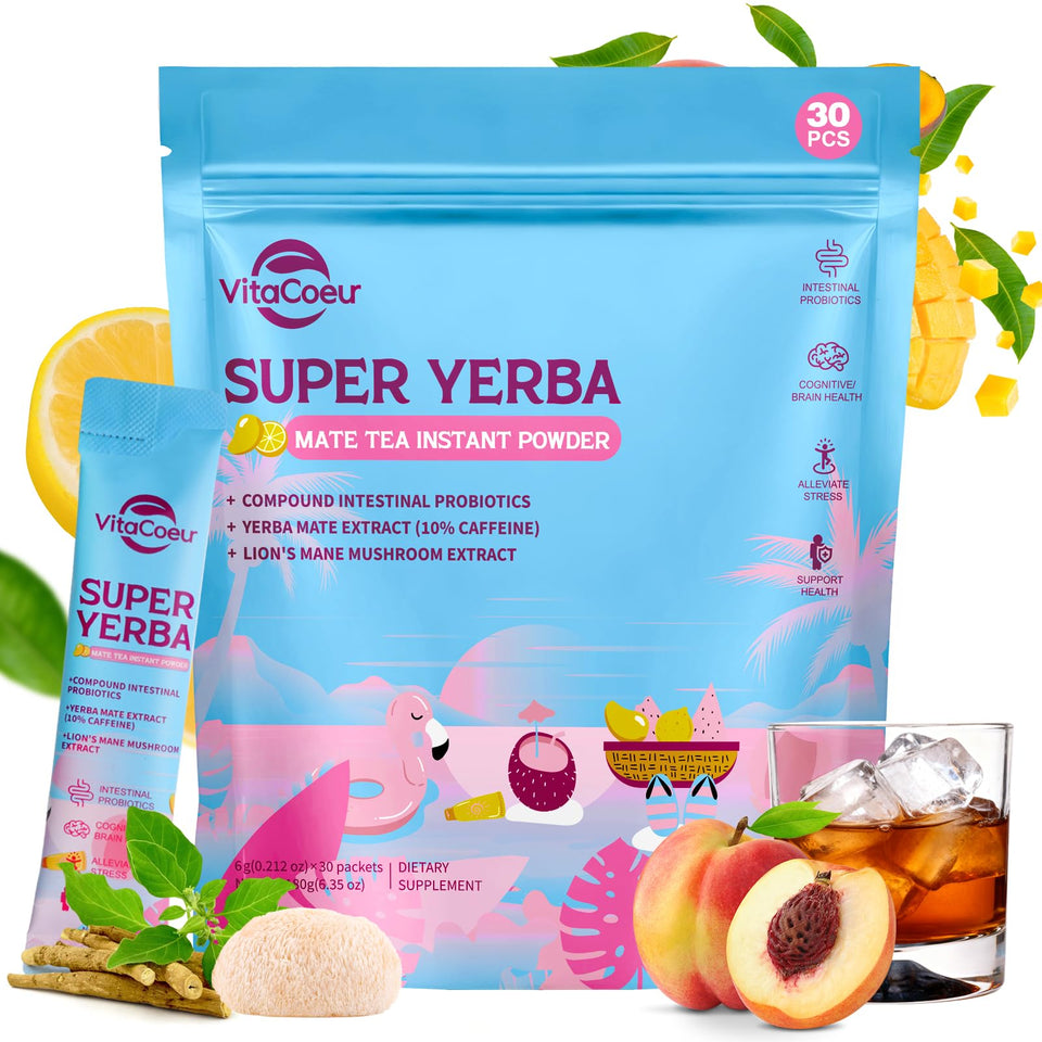 VitaCoeur Yerba Mate instant tea peach-mango pack ready to dissolve for a quick energy boost.