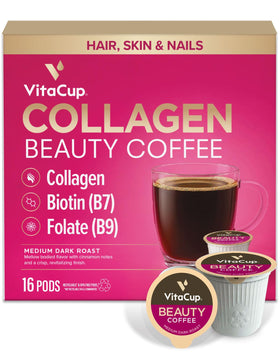 VitaCup Beauty Collagen coffee pods packaging highlights easy, ready-to-brew routine.