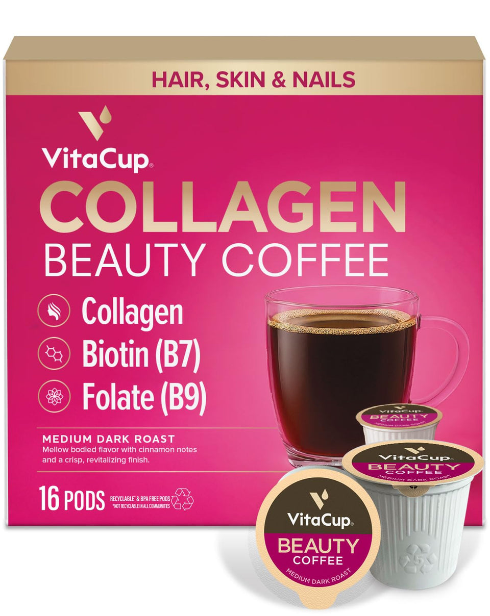VitaCup Beauty Collagen coffee pods packaging highlights easy, ready-to-brew routine.