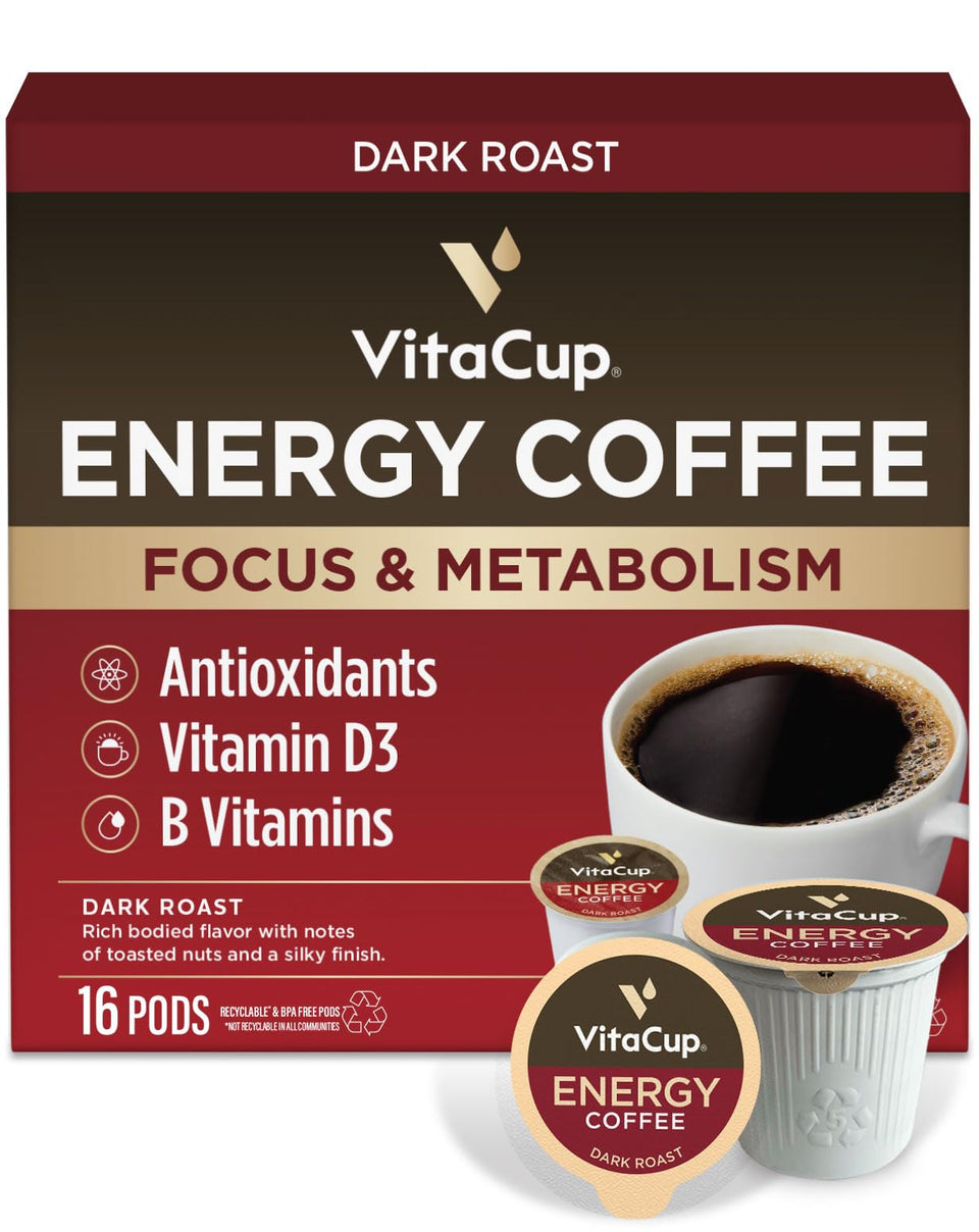 VitaCup Energy Dark Roast coffee pod for K-Cup brewers, bold flavor ready to brew