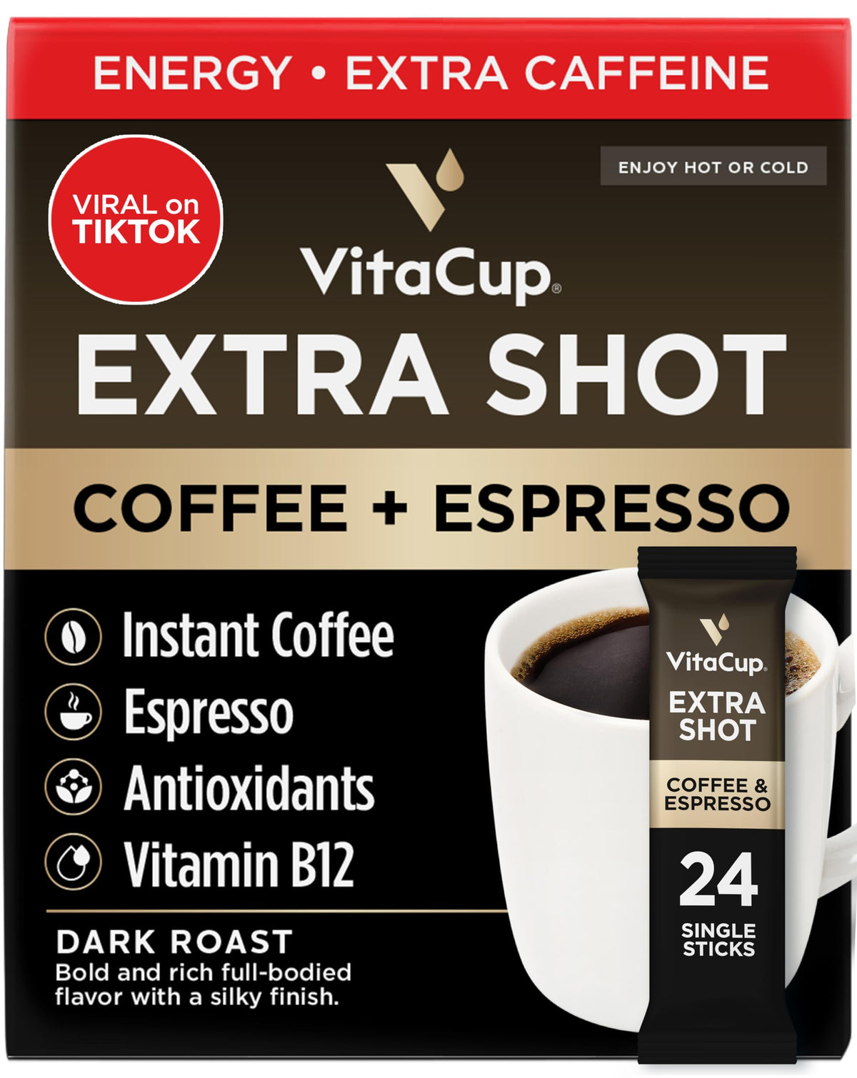 VitaCup Extra Shot instant coffee stick brews a bold espresso-like cup for quick energy.
