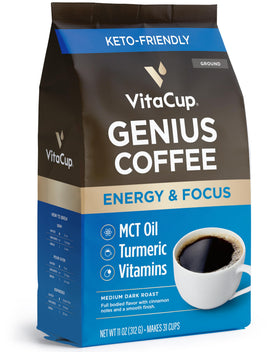 VitaCup Genius turmeric-mct label on coffee jar highlights infused nutrients for steady energy