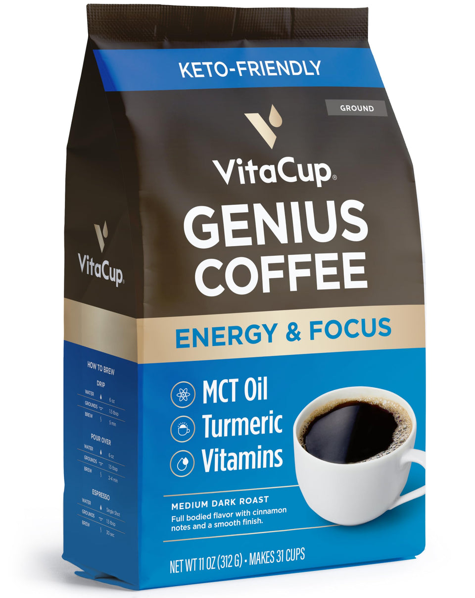 VitaCup Genius turmeric-mct label on coffee jar highlights infused nutrients for steady energy