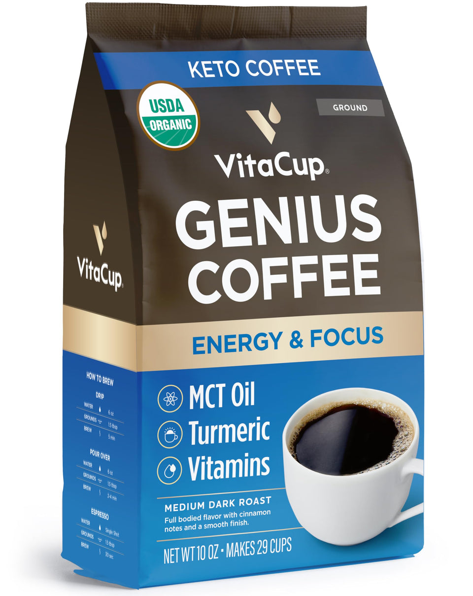 VitaCup Genius ground keto coffee bag with premium organic beans for bold mornings.