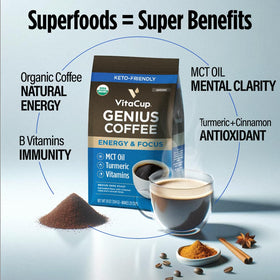 Close-up of MCT oil, turmeric and cinnamon in VitaCup Genius ingredients.