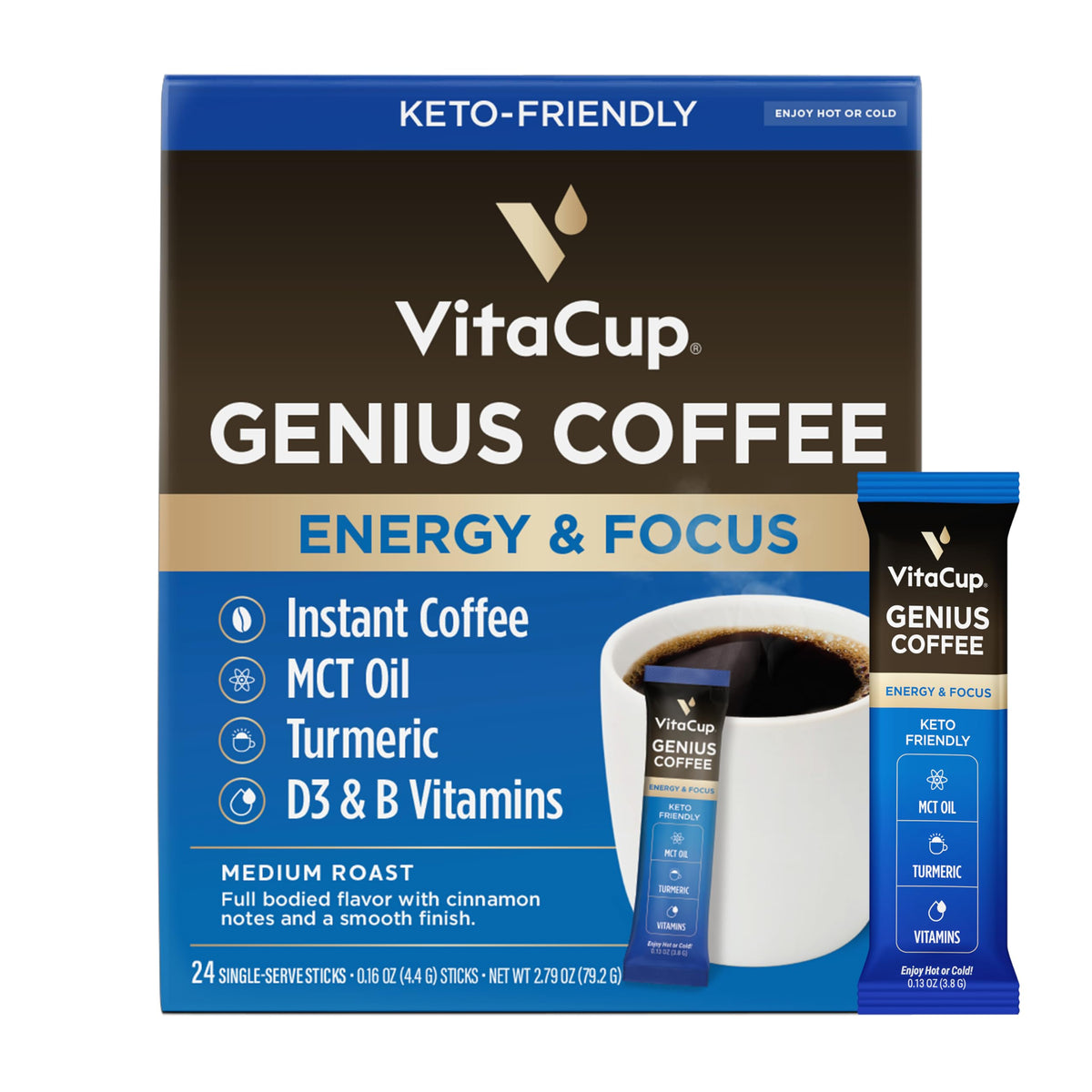 VitaCup Genius instant coffee packets on table show portable energy for busy mornings.