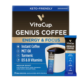 VitaCup Genius instant coffee packets on table show portable energy for busy mornings.