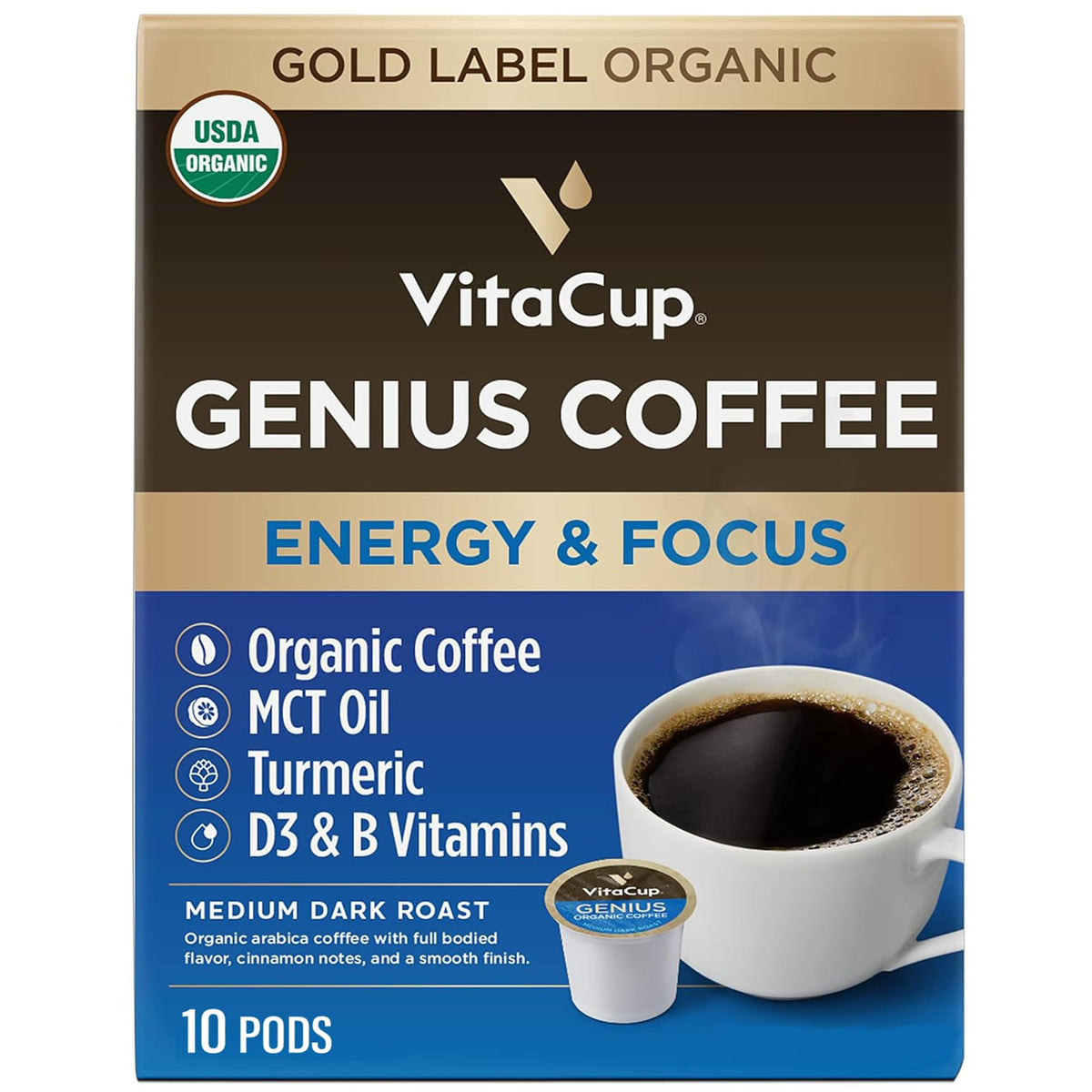 VitaCup Genius Keto coffee pods with MCT and turmeric for quick energy.