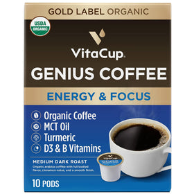VitaCup Genius Keto coffee pods with MCT and turmeric for quick energy.
