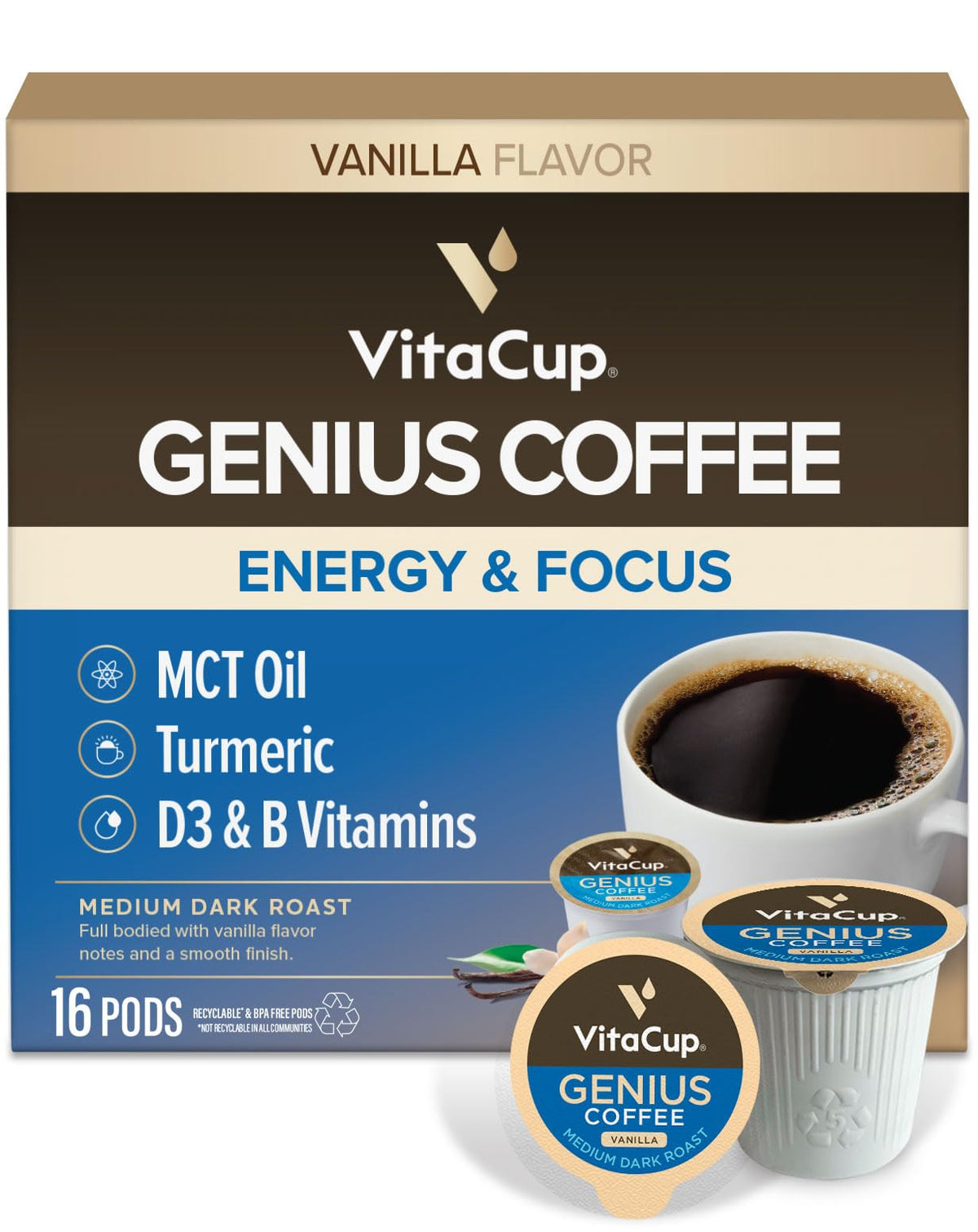 VitaCup Genius Vanilla coffee pods provide a smooth energy boost in a single-serve pod.