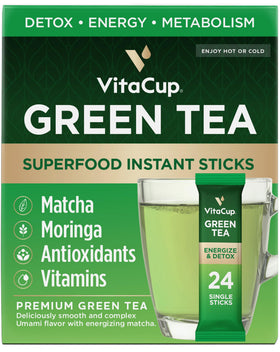 VitaCup green tea instant packets packaging shows portable on-the-go convenience.