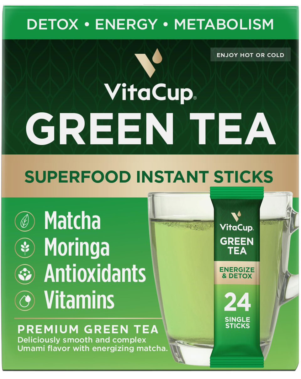 VitaCup green tea instant packets packaging shows portable on-the-go convenience.