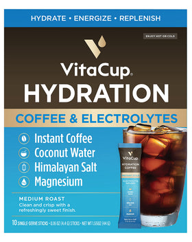 VitaCup hydration coffee packets with electrolytes for on-the-go hydration.