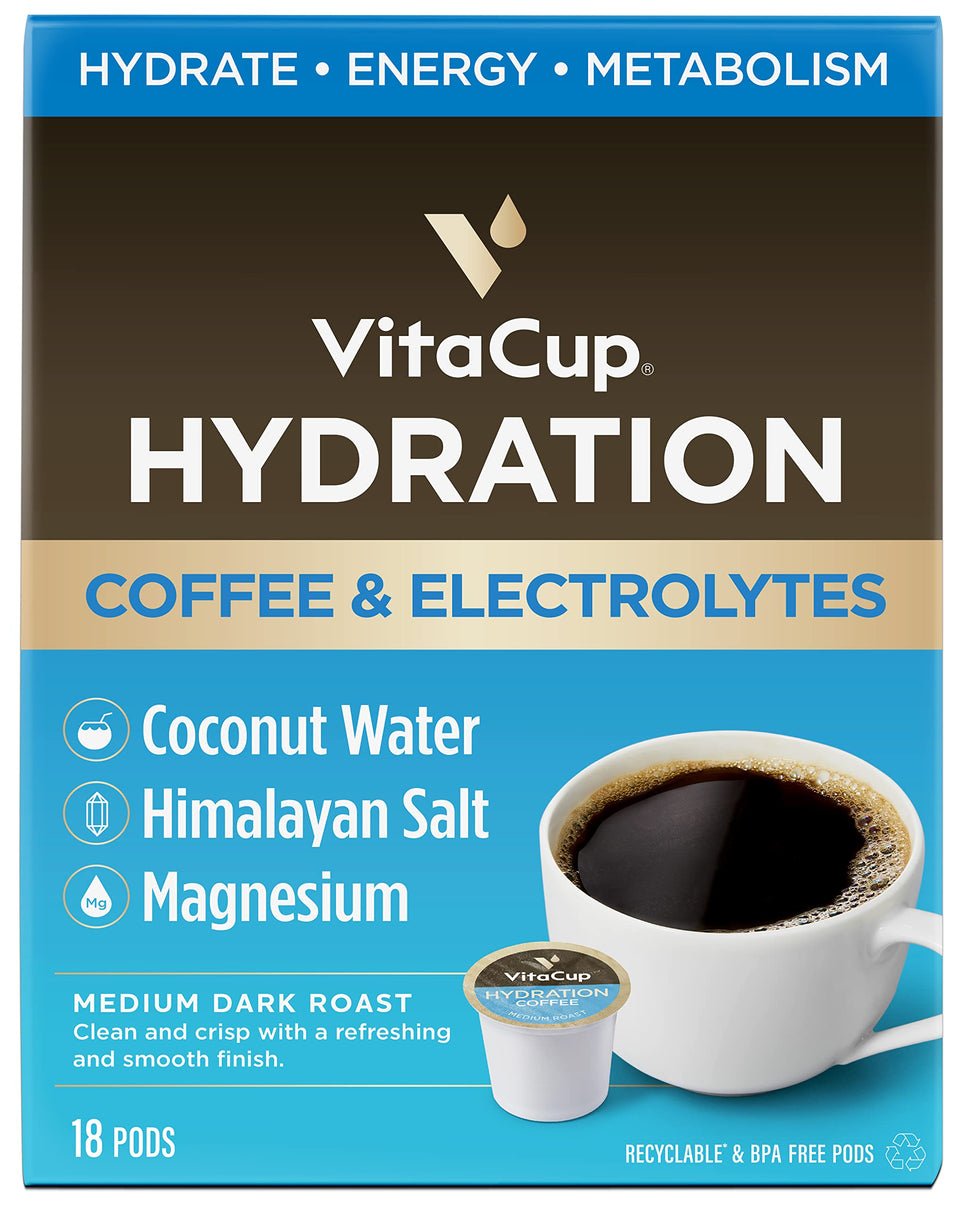 VitaCup hydration coffee pods box front highlighting electrolytes for refreshed morning energy