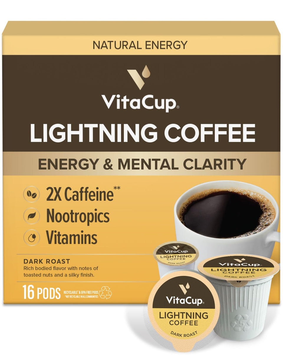 VitaCup Lightning Coffee Pods packaging highlights a premium nootropic blend for focused mornings.