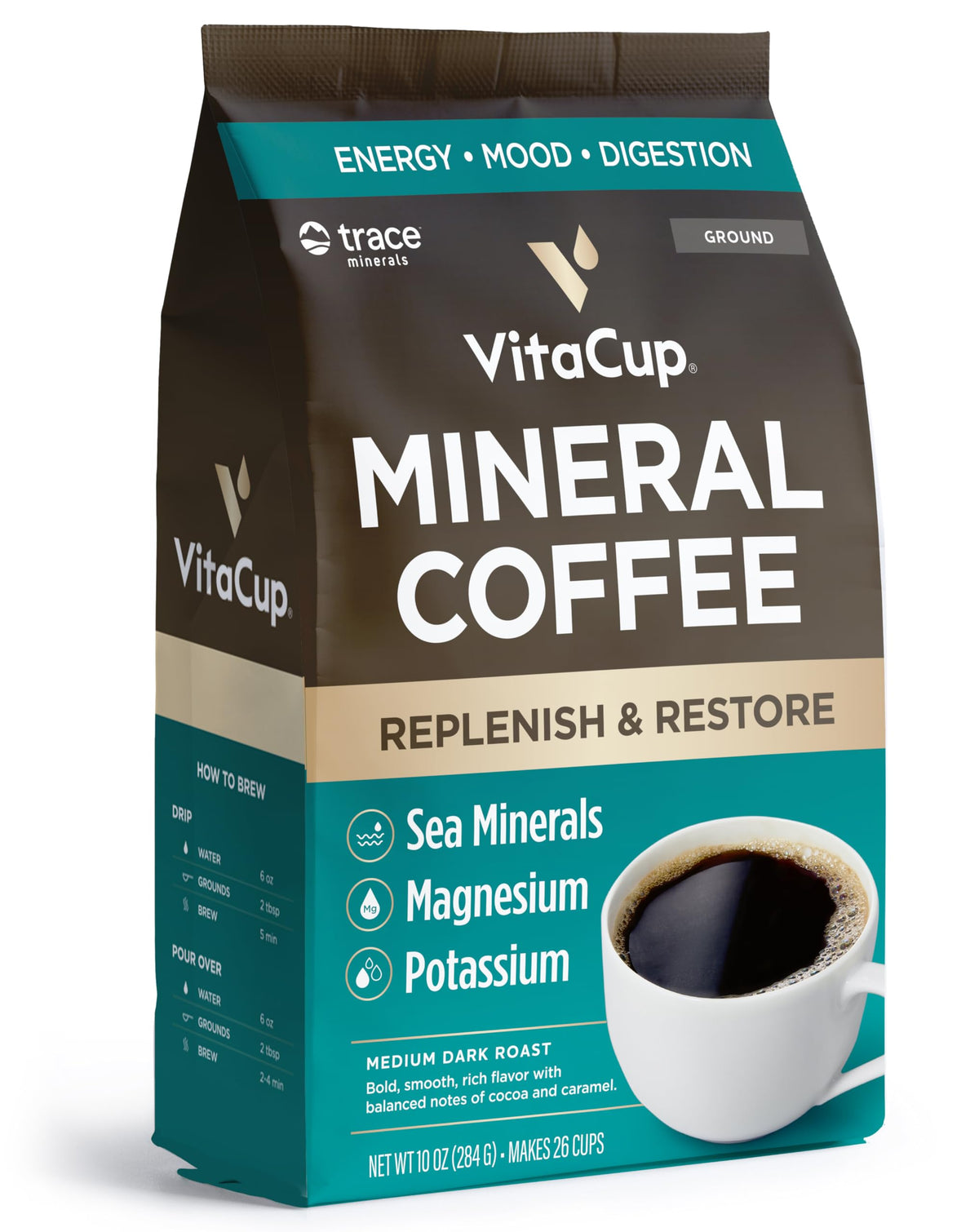 VitaCup Mineral Coffee bag front showcases organic, single-origin quality and mineral infusion for a flavorful start