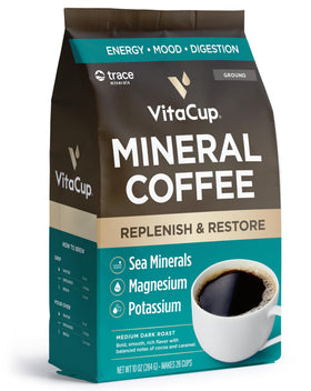 VitaCup Mineral Coffee bag front showcases organic, single-origin quality and mineral infusion for a flavorful start