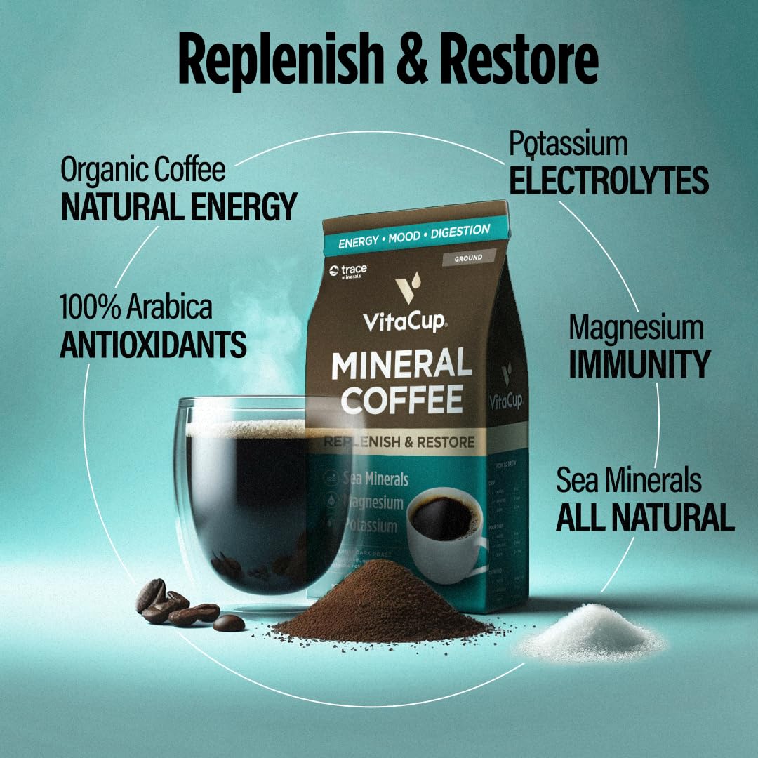 Close-up of VitaCup Mineral Coffee grounds with rich aroma and mineral-infused texture