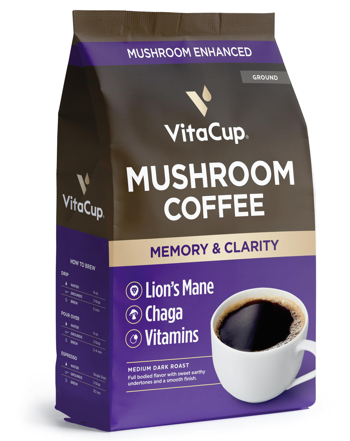VitaCup Mushroom Coffee Grounds bag with bold aroma for a focused morning.