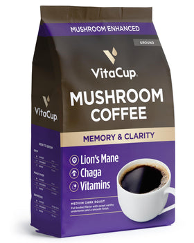 VitaCup Mushroom Coffee Grounds bag with bold aroma for a focused morning.