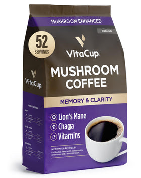 VitaCup Mushroom Coffee Grounds bottle pour promotes focused mornings with a medium-dark roast