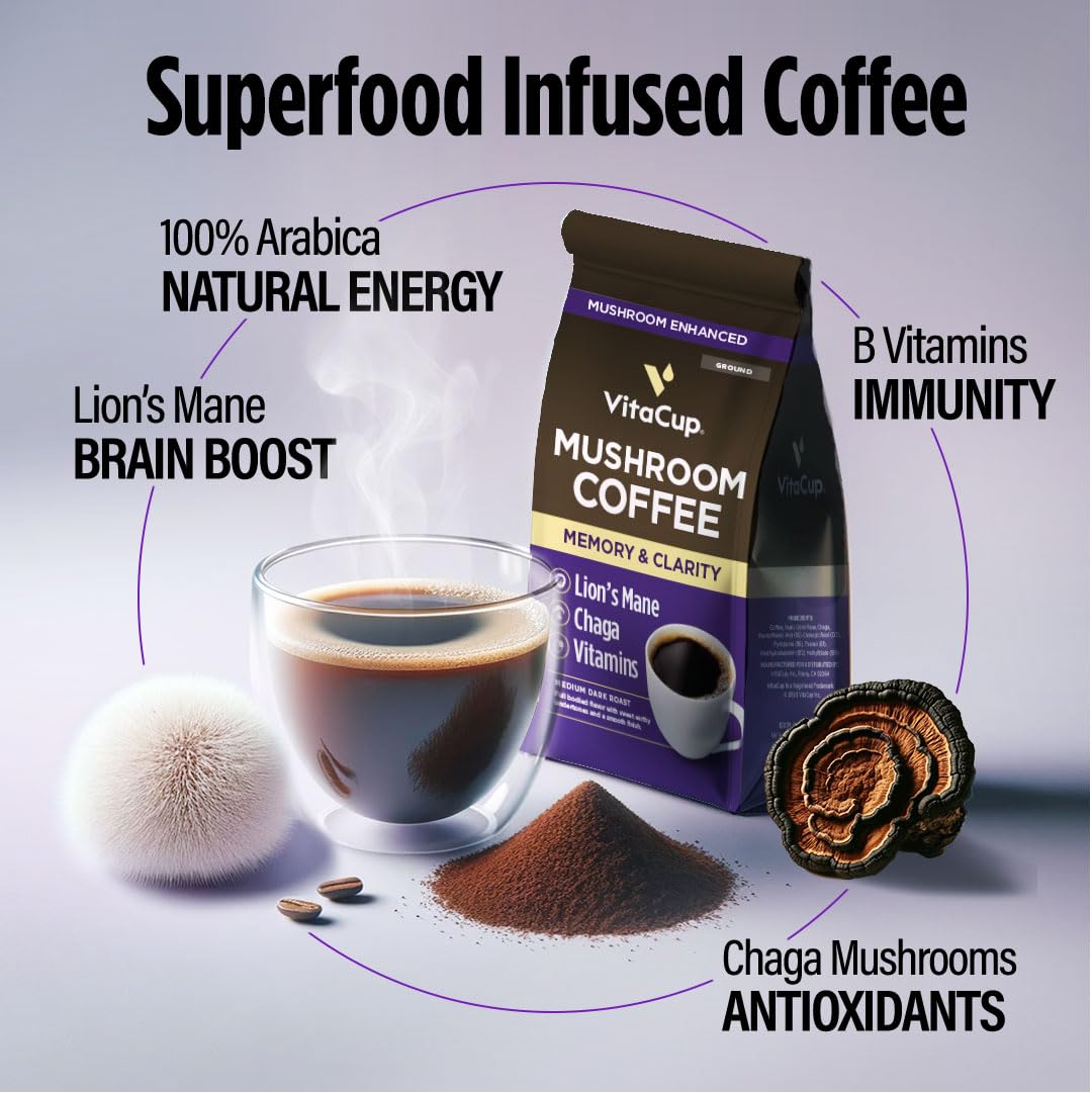 VitaCup Mushroom Coffee Grounds scoop beside cup ready to brew