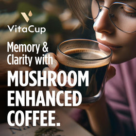 VitaCup Mushroom Coffee Grounds label highlights Lion's Mane and Chaga benefits