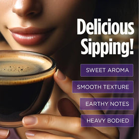 VitaCup Mushroom Coffee Grounds canister on counter with warm, inviting aroma