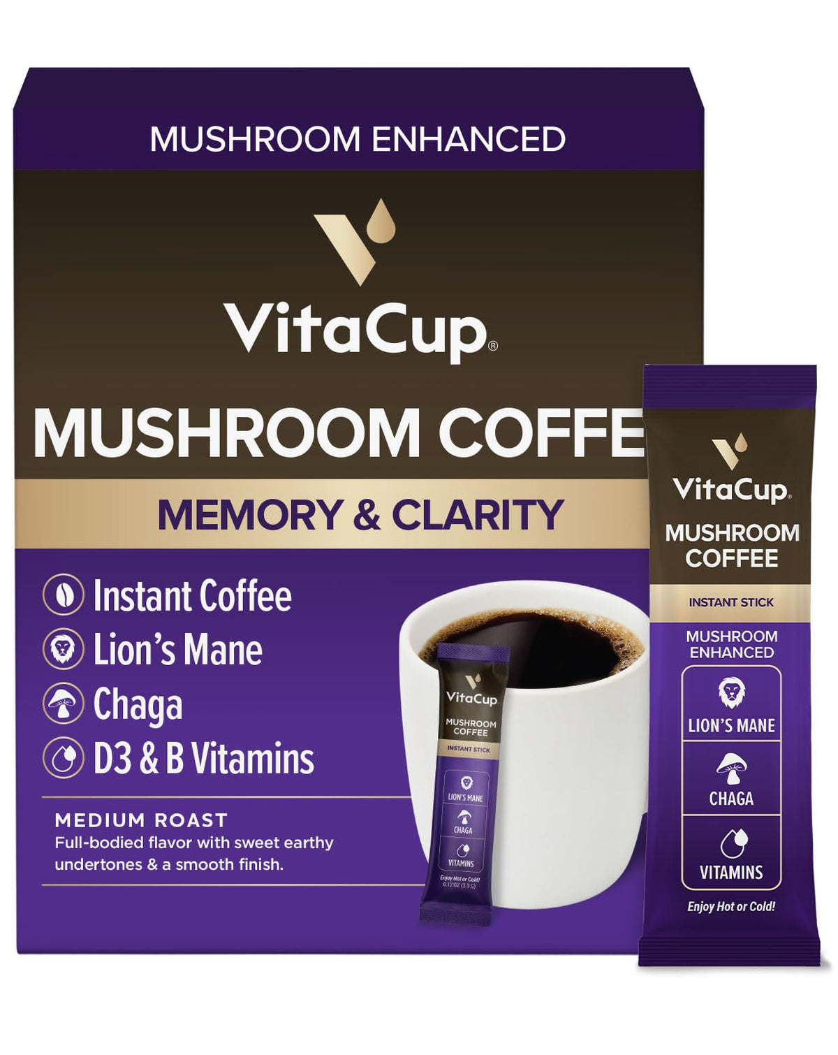 VitaCup Mushroom Coffee pack front highlighting premium blend for focus