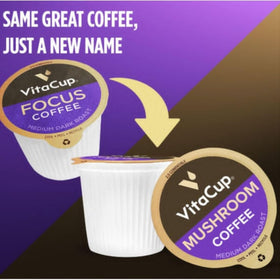 VitaCup Mushroom Coffee Pods reveal B vitamins and D3 for daily energy.