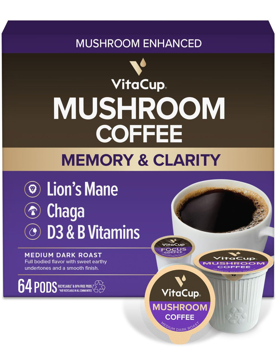 VitaCup Mushroom Coffee Pods with Lions Mane front view for focus support.