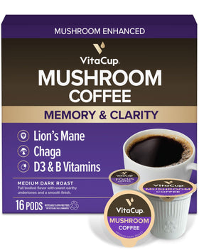 VitaCup mushroom coffee pods in packaging for a smooth medium roast, ideal for focused mornings.