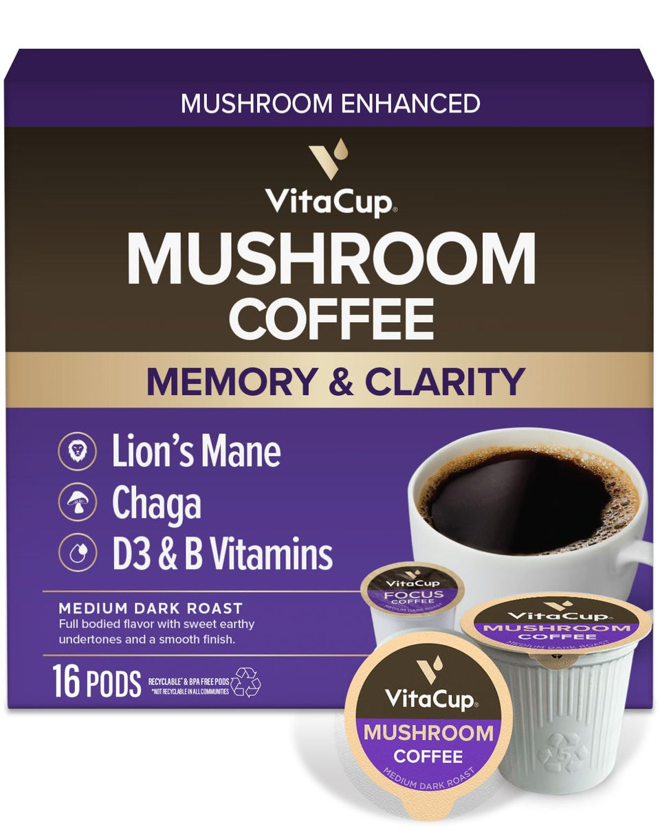 VitaCup mushroom coffee pods in packaging for a smooth medium roast, ideal for focused mornings.