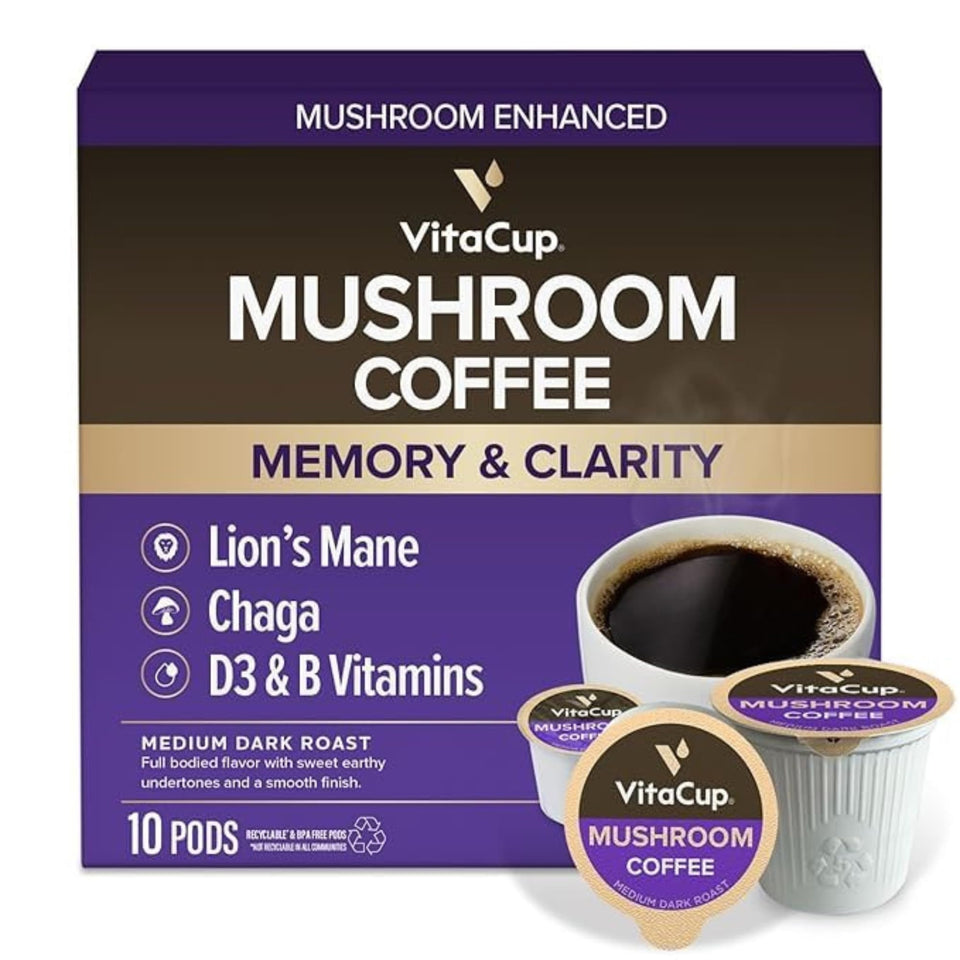 VitaCup Mushroom Coffee Pods medium roast for a smooth, focused morning.