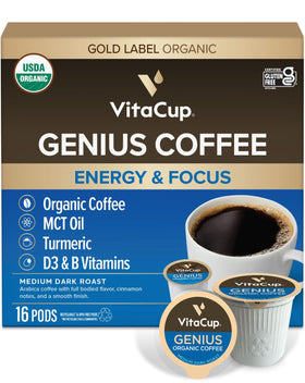 VitaCup Organic Genius Keto Coffee Pods box highlights a keto-friendly energy option.
