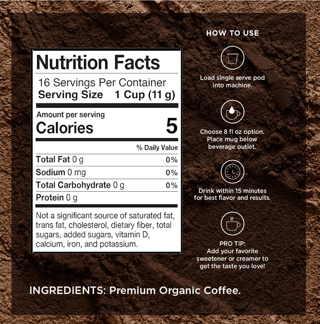VitaCup Perfect Dark Roast Decaf cup with brewed aroma showing smooth, chocolaty flavor.