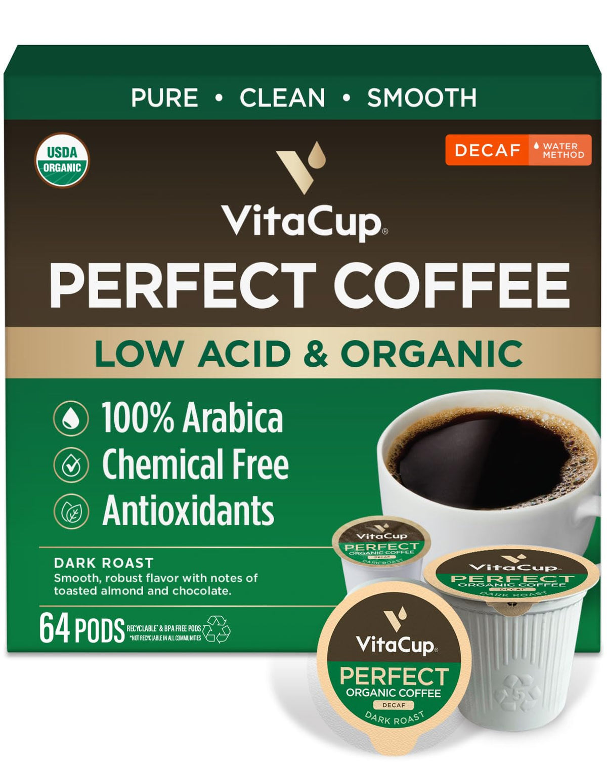 VitaCup Perfect Dark Roast Decaf packaging highlights organic, low-acid coffee for clean energy.