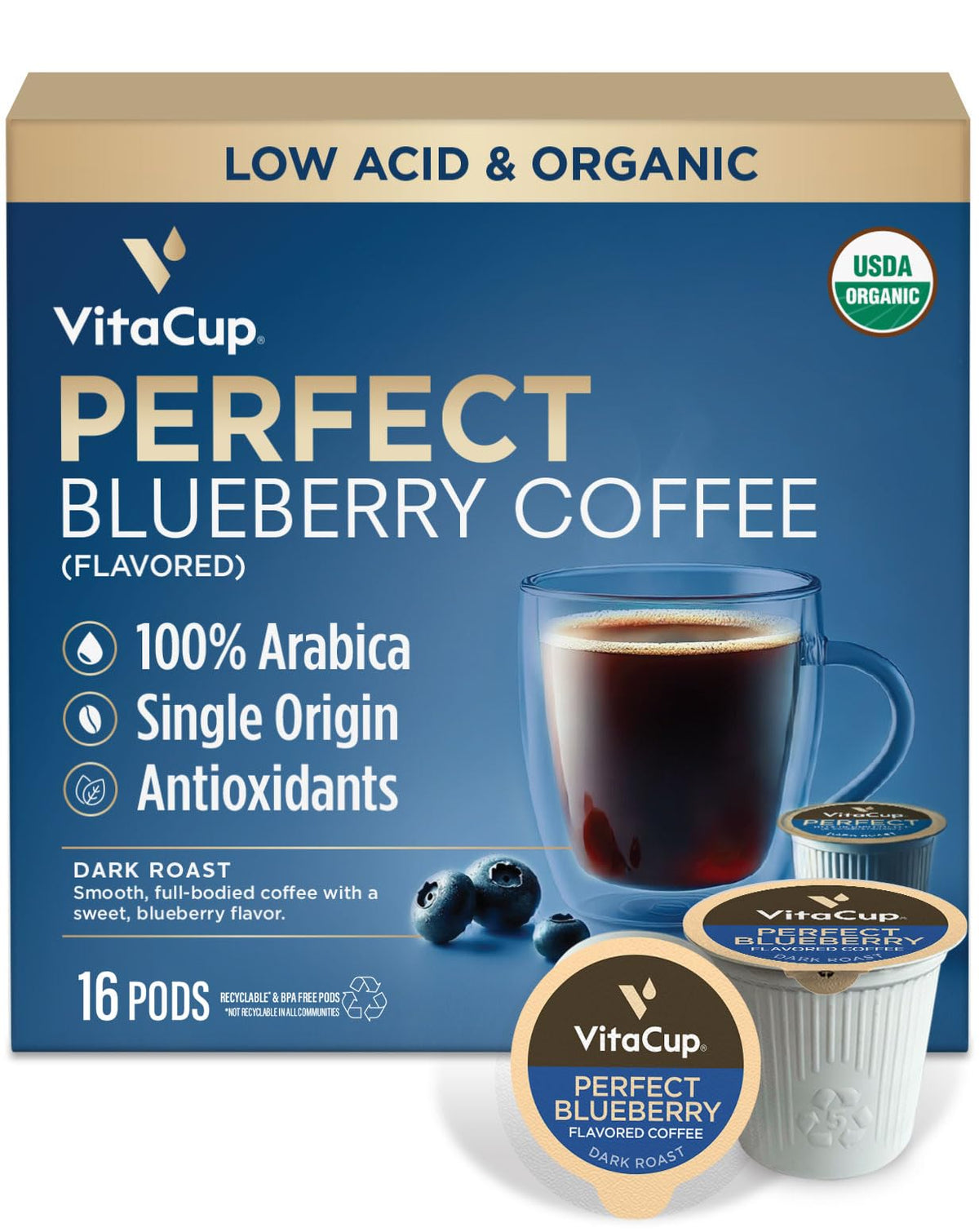 VitaCup Perfect Blueberry pods with low acidity for a smoother flavor.