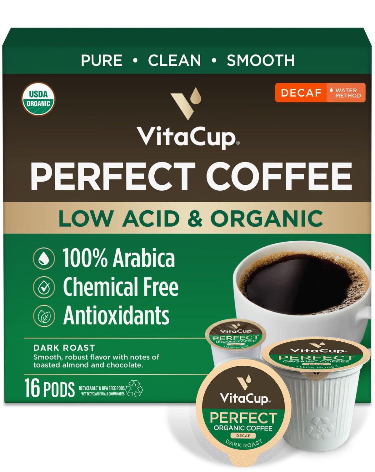 VitaCup Perfect Dark Decaf pod pour delivers smooth, low-acid coffee for a mellow morning.