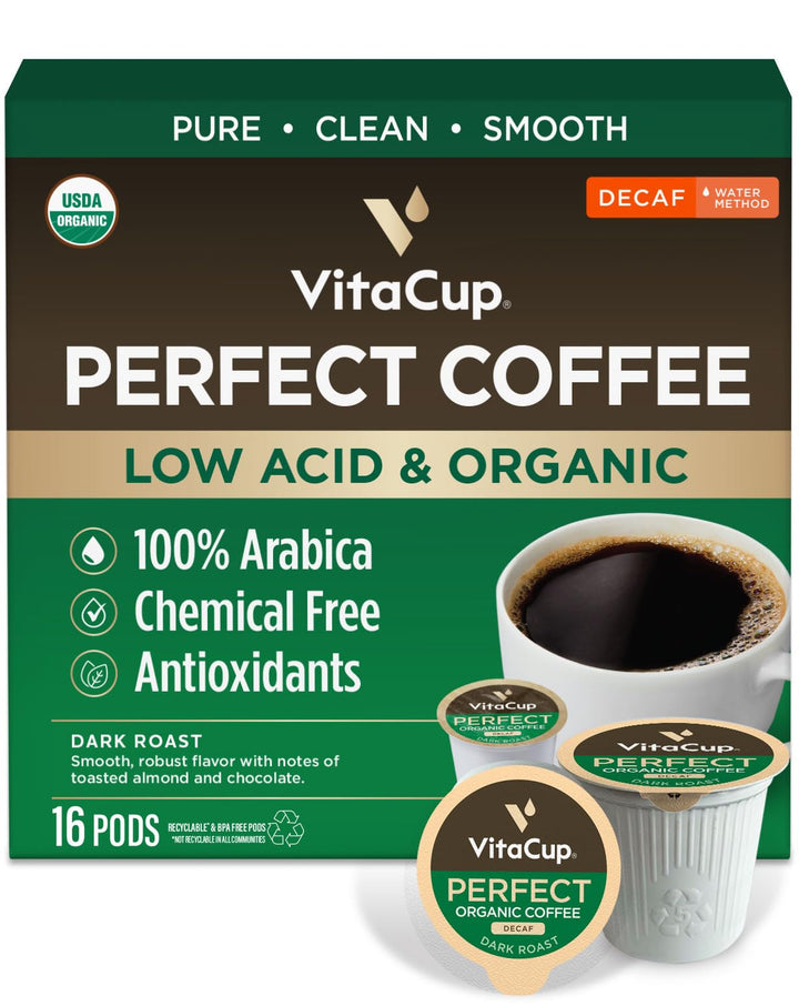 VitaCup Perfect Dark Decaf pod pour delivers smooth, low-acid coffee for a mellow morning.