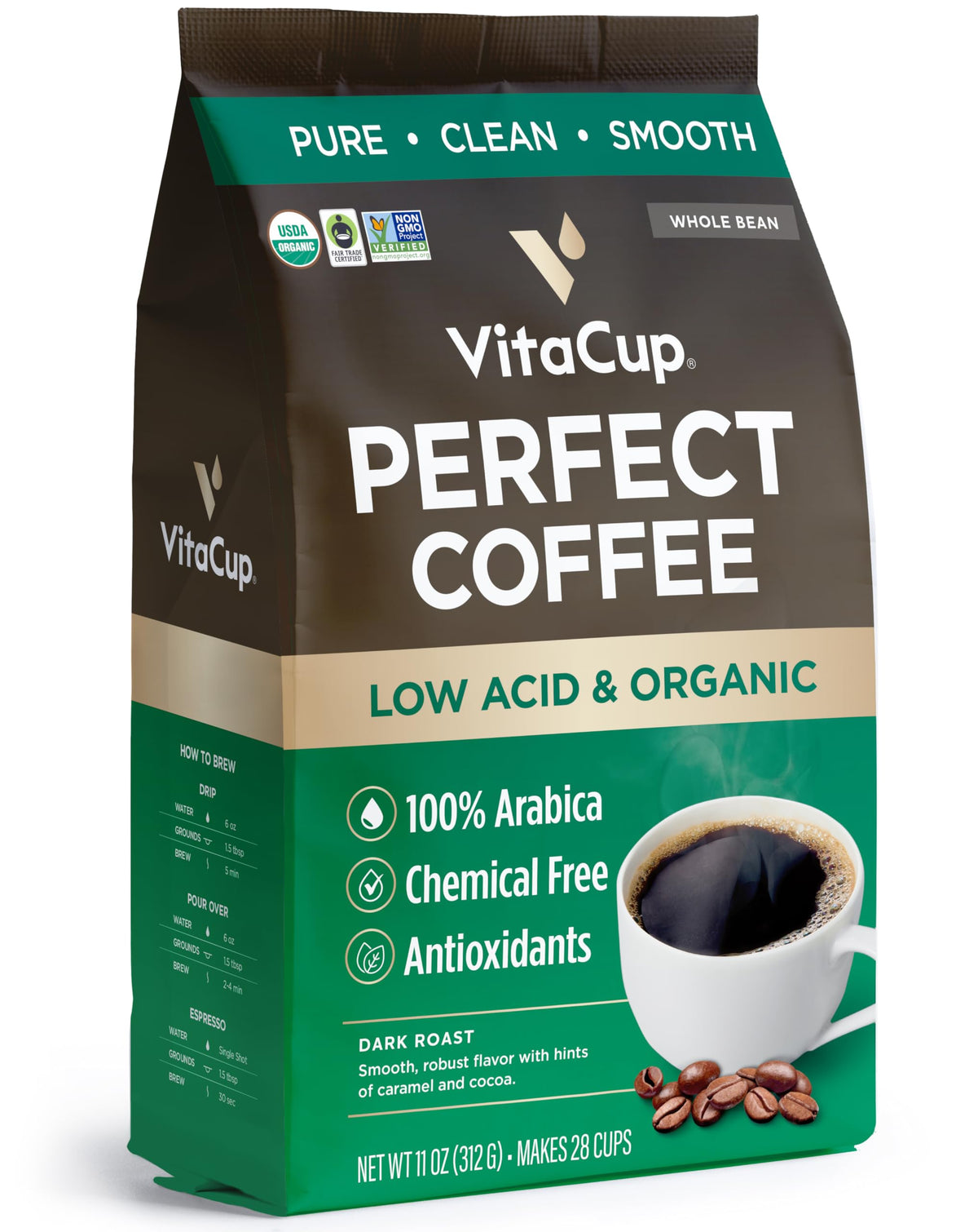 VitaCup Perfect Low Acid coffee bag with organic and fair trade seals for clean flavor.