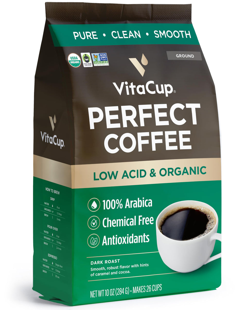 VitaCup Perfect Low Acid Ground Coffee bag for clean, smooth mornings.