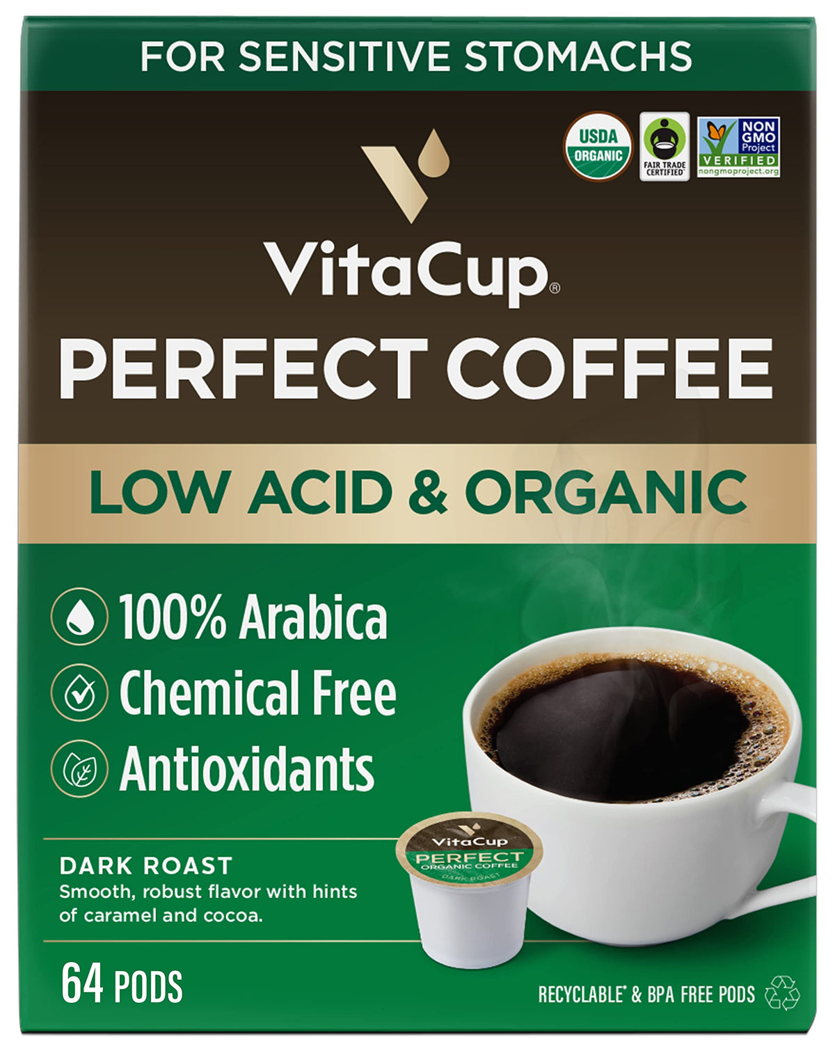 VitaCup packaging for perfect low-acid coffee pods, convenient single-serve solution for busy mornings.