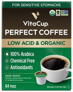 VitaCup packaging for perfect low-acid coffee pods, convenient single-serve solution for busy mornings.
