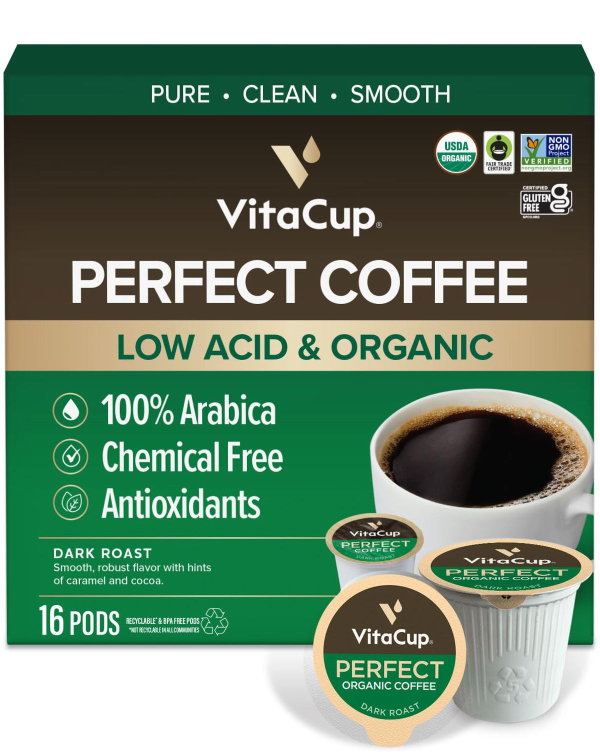 VitaCup Perfect Low Acid Coffee Pods packshot for a smooth morning cup