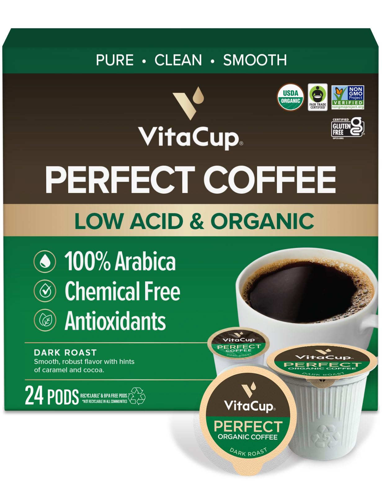 VitaCup Perfect Low Acid Coffee Pods packshot highlighting organic, single-origin Guatemala flavor.