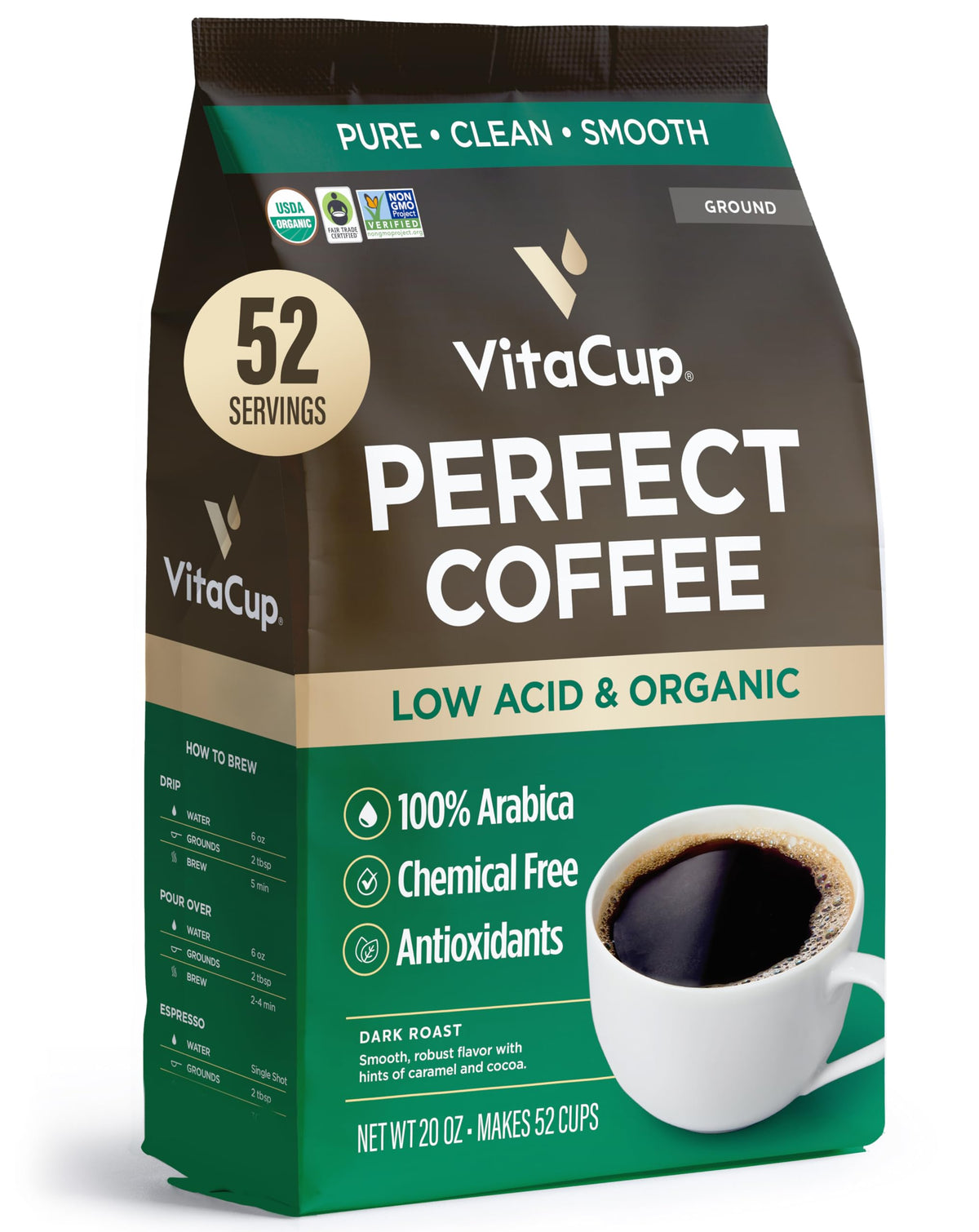 VitaCup Perfect Low Acid Ground Coffee bag with pure organic beans for smooth flavor.