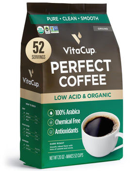 VitaCup Perfect Low Acid Ground Coffee bag with pure organic beans for smooth flavor.